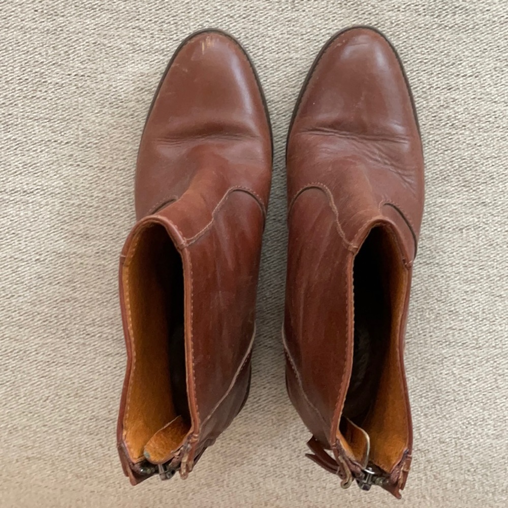 Madewell Ames Brown Cognac Leather Boots Womens Sz 5 Zip Booties Stacked Heels